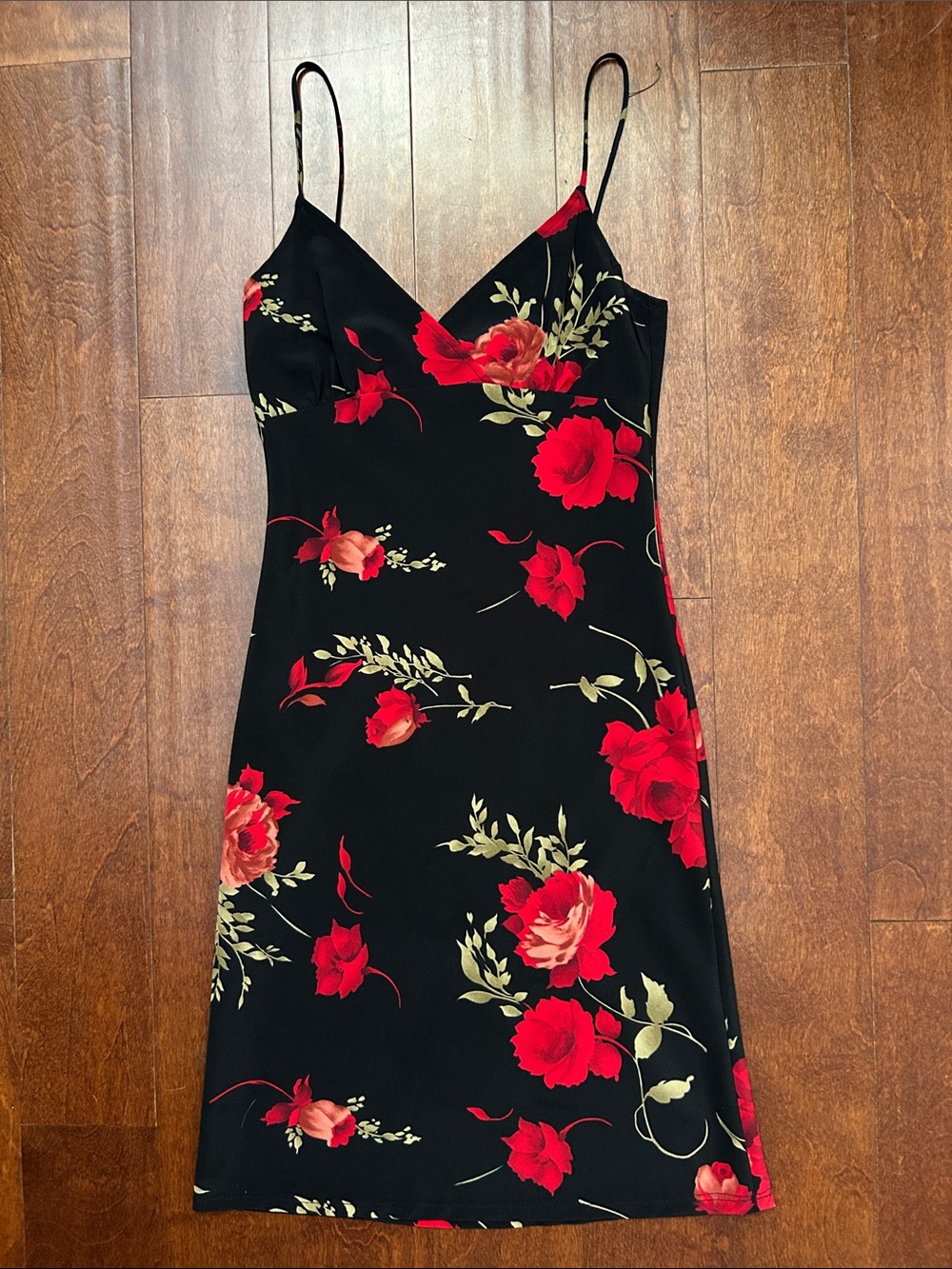 Vintage Windsor Black Slip Mini Dress with Red Floral Print, Size XS